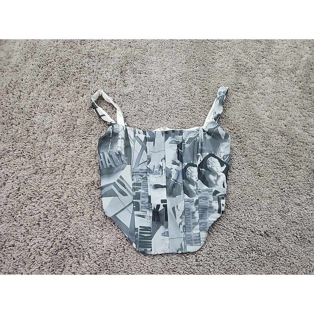 Edikted Corset Top Womens M Gray Newspaper Print Sleeveless Back Zip Crop Y2k